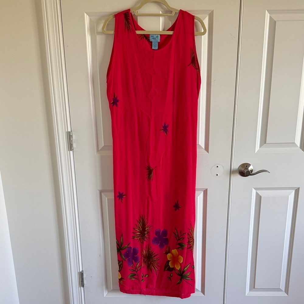 Vintage Inspired Jane Ashley Floral Sleeveless Pink Hawaiian Style Maxi Dress LG